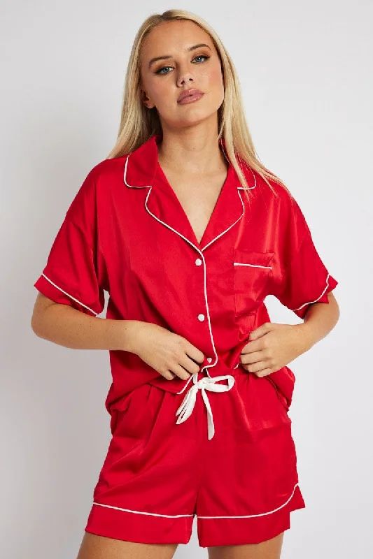 women's pajamas for bed and breakfast staysRed Pyjama Set Satin Short Sleeve Contrast Piping PJ