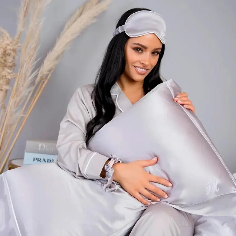 women's pajamas with a touch of eleganceSilk Pillowcase, Eye Mask & Scrunchie Set - Grey with White