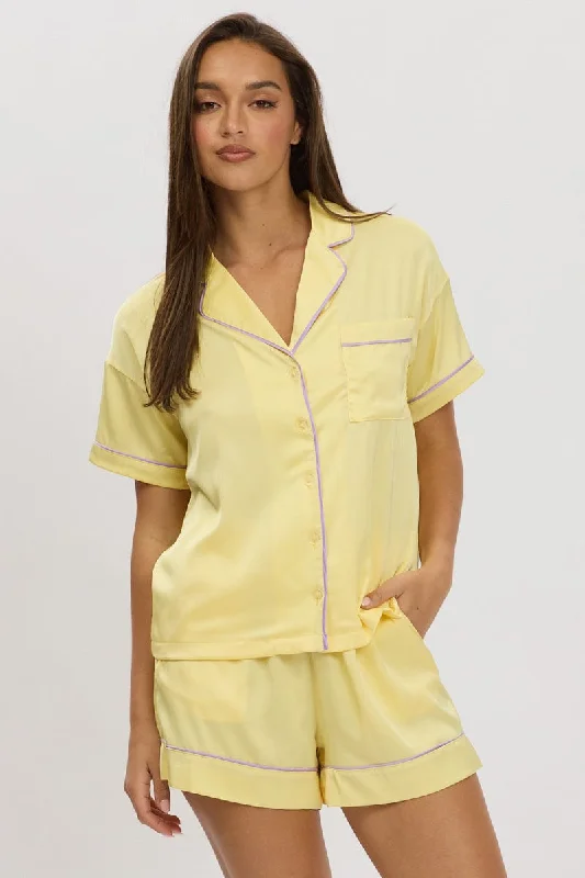 women's pajamas for lounging around the houseYellow Satin Pyjamas Set Short Sleeve